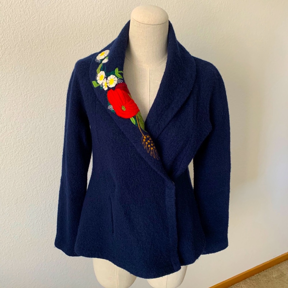 ANTHROPOLOGIE Wool Navy-Floral Embroidered Sweater